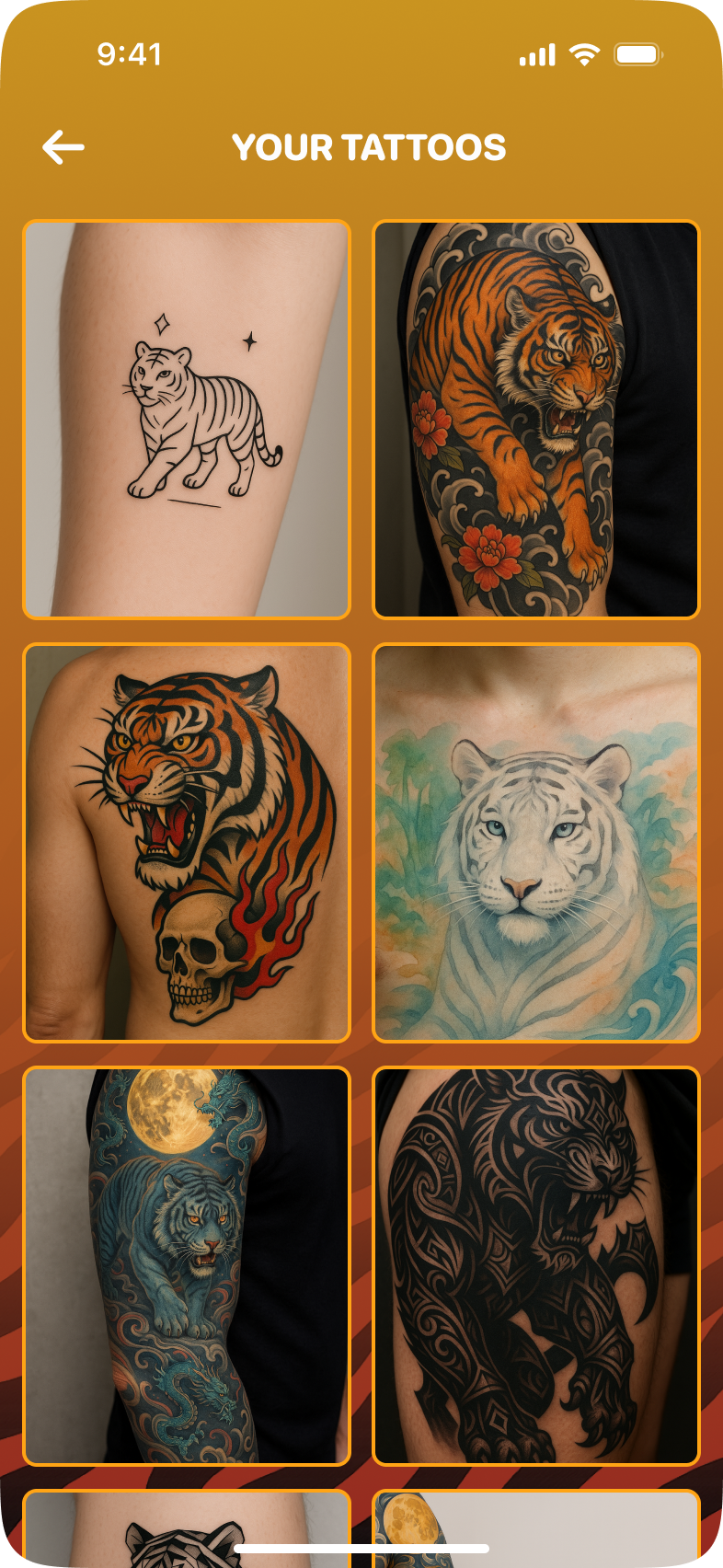 Archive grid view of saved tiger tattoo concepts